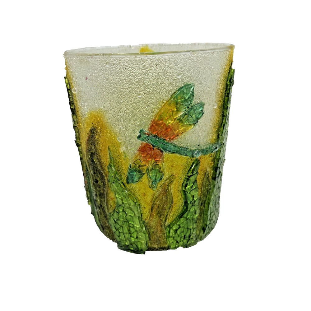 Vtg Pier One Mosaic Glass Dragonfly Pillar Candle Holder 6x5"